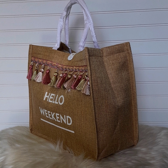Hello Weekend Linen Look Tassled Canvas Tote Bag - Picture 4 of 12